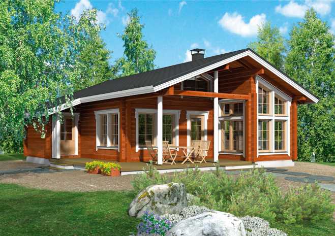 Финские одноэтажные дома из бруса с верандой, проекты, деревянный каркас, цены в каталоге, фото