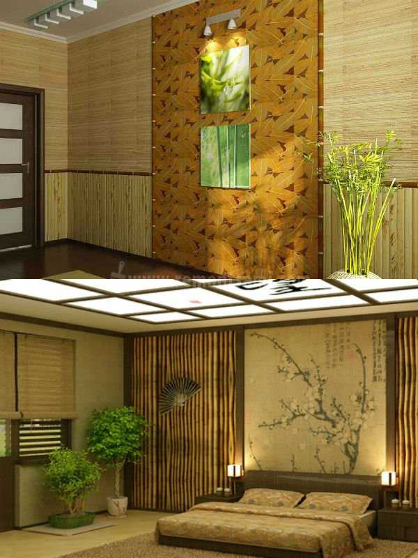Бамбуковые обои в интерьере гостиной, прихожей, кухни, спальни